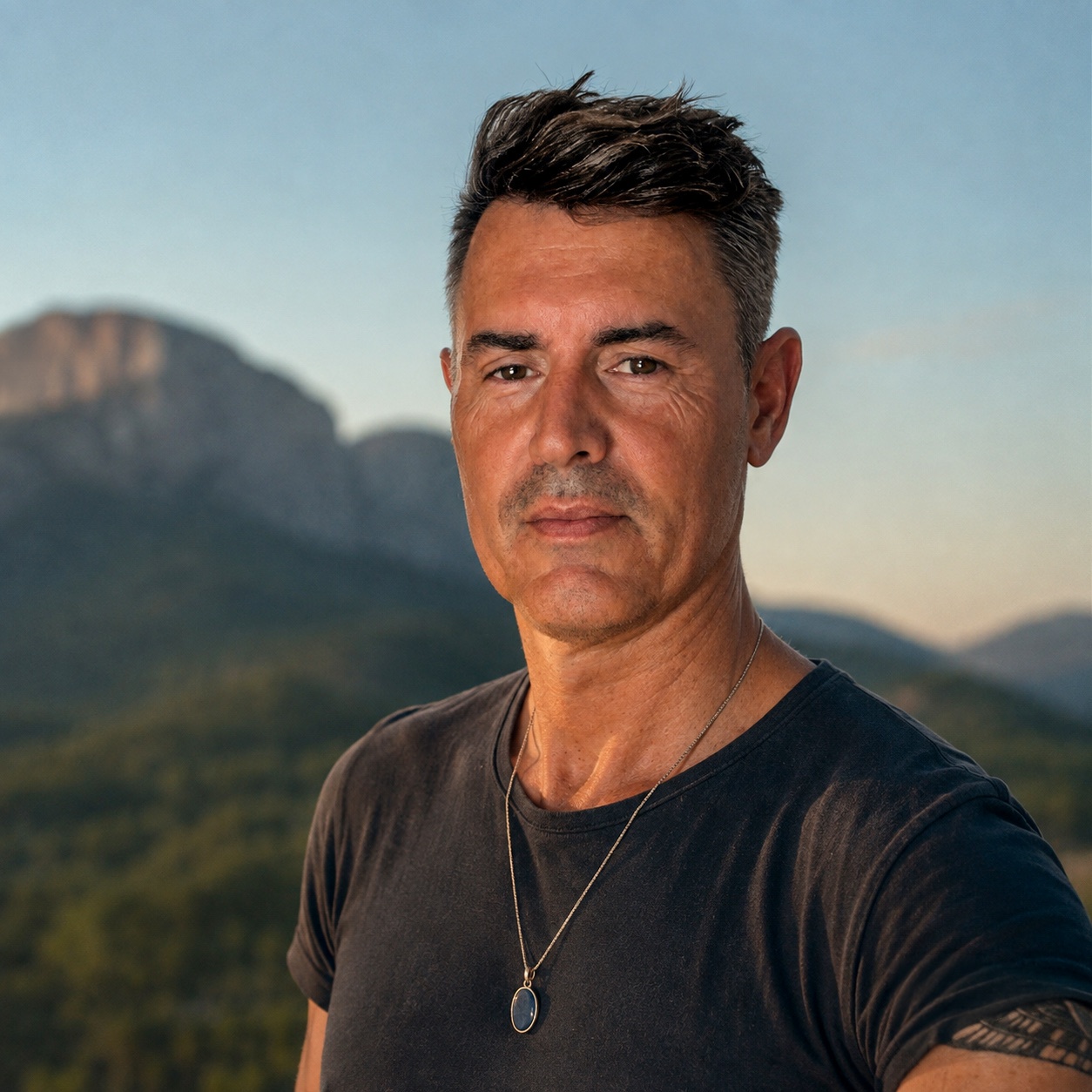 Claudio bajo un arco de piedra en la montaña